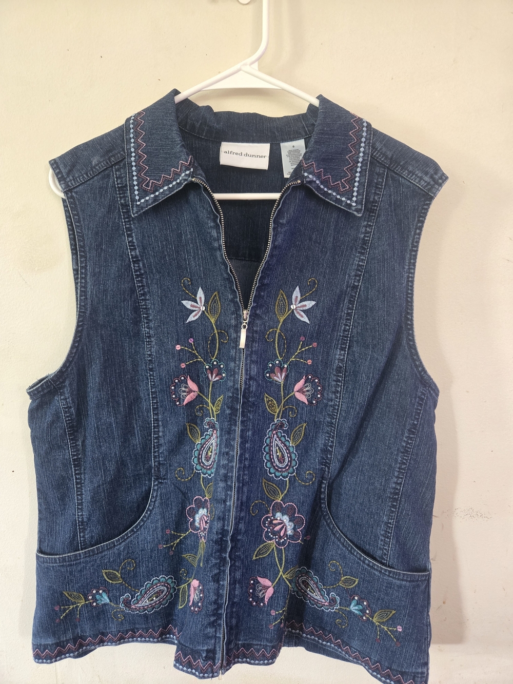 alfred dunner Women's Blue Embroidered Denim Vest